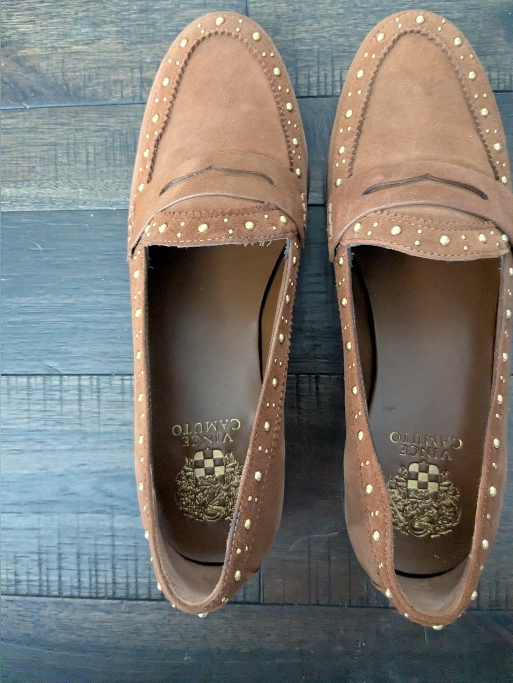 Vince Camuto Brown Suede Studded Loafers